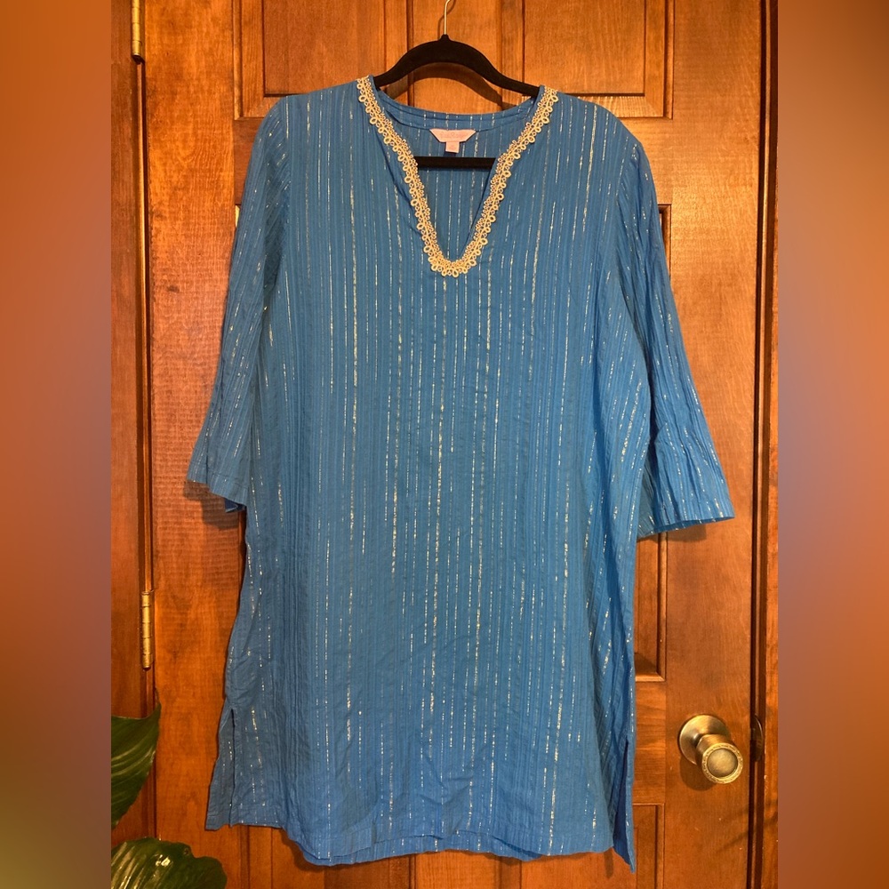 🌸Lilly Pulitzer Esme Lurex Crinkle Gold Metallic Tunic Blue Top or Dress XL
